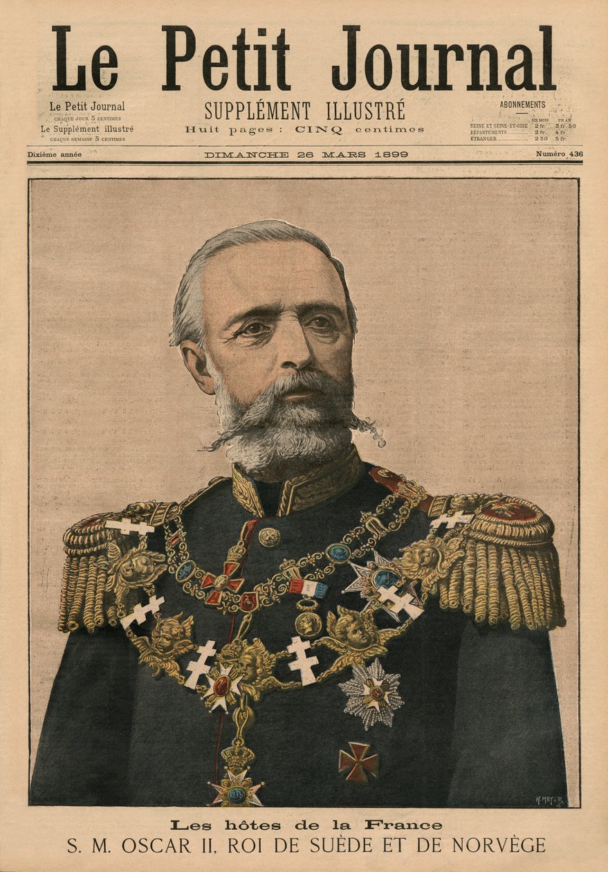 Francouzští hostitelé: Jeho Veličenstvo Oscar II, král Švédska a Norska, ilustrace na přední straně obálky „Le Petit Journal“, příloha ilustrovaná, 26. března 1899 (barva litho) od Fortune Louis Meaulle and Henri Meyer