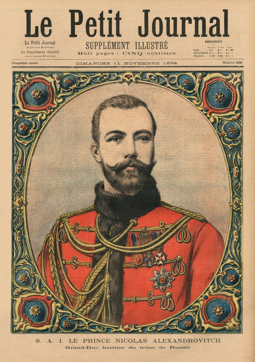 Jeho císařská výsost princ Nicholas Alexandrovič, budoucí císař a car Mikuláš II., ilustrace na přední straně obálky 