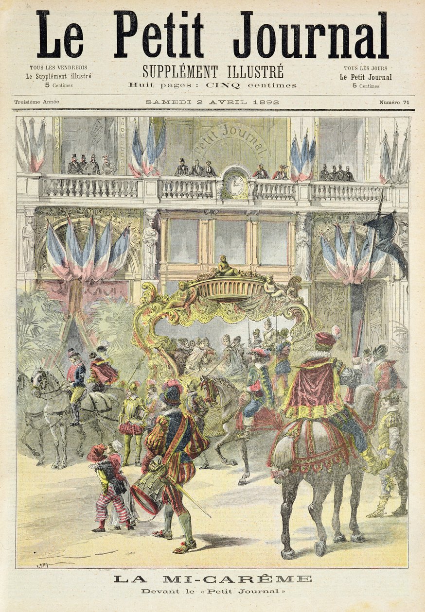 Titulní list zobrazující uprostřed postní přehlídky před kancelářemi Petit Journal, ilustrace z ilustrované přílohy Le Petit Journal, 2. dubna 1892 od Fortune Louis Meaulle and Henri Meyer
