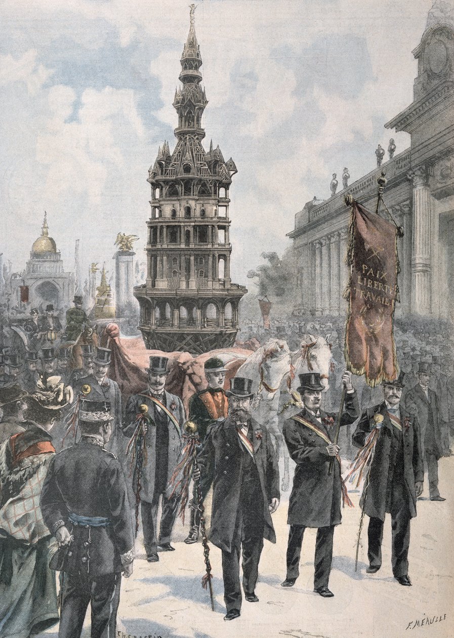 Přehlídka mistrovského díla tesařů před Grand Palais, ilustrace z „Le Petit Parisien“, 1900 od Fortune Louis Meaulle