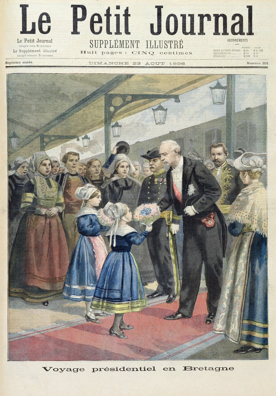 Titulní strana zobrazující prezidentskou cestu Felixe Faure do Británie, ilustrace z ilustrované přílohy Le Petit Journal, 23. srpna 1896 od Fortune Louis Meaulle