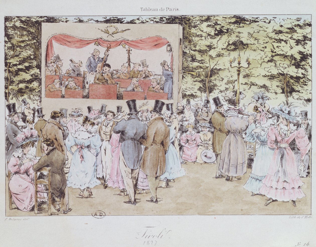 Hudební zábava v New Tivoli Gardens, Paříž, rytina C. Motte, 1827 od Fortune Delarue