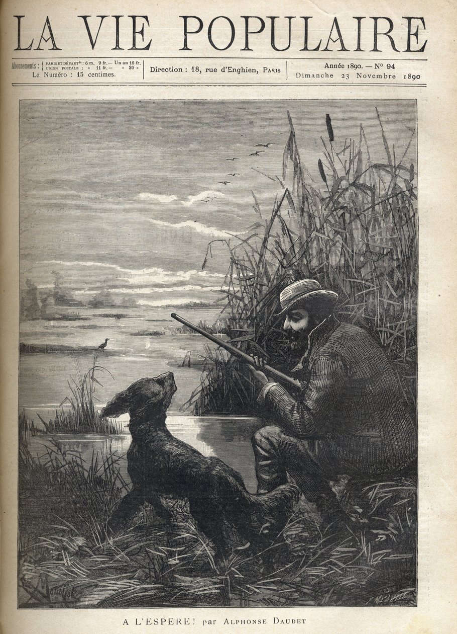 Lovec ptáků se dívá v bažině se svým psem. Ilustrace F. Meaulle pro „“ Hopefully! „“ od Alphonse Daudeta (1840-1897). Rytina z roku 1890 v „La vie populaire““. Soukromá sbírka od Fortune Louis Meaulle