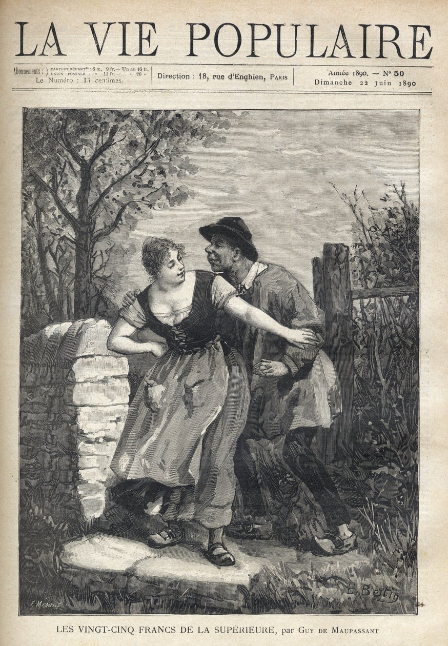 Pár rolníků, muž v blůze a kopytě, skočilo mladé ženě, která ho odstrčila, s úsměvem a lehkostí. Ilustrace E. Bertina pro Les dvacet pět franků de la superieure od Guye de Maupassanta (1850-1893). Rytina od Fortune Meaulle (184 od Fortune Louis Meaulle