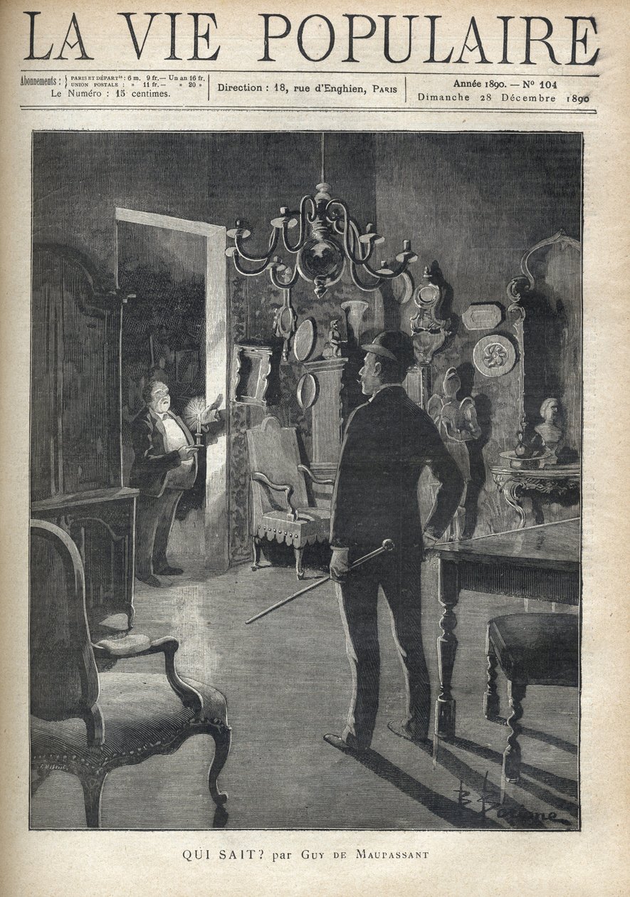 Muž překvapí vetřelce doma uprostřed noci. Ilustrace F. Meaulle po B. Borione pro „“ Kdo ví? “” od Guye de Maupassanta (1850-1893). Rytina z roku 1890 v „La vie populaire““. Soukromá sbírka od Fortune Louis Meaulle