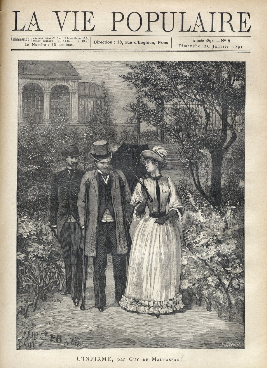 Muž s bequilles chodí s elegantní mladou ženou v uličkách parku. Druhý muž je následuje. Ilustrace Fortune Louis (Fortune-Louis) Meaulle pro “” L