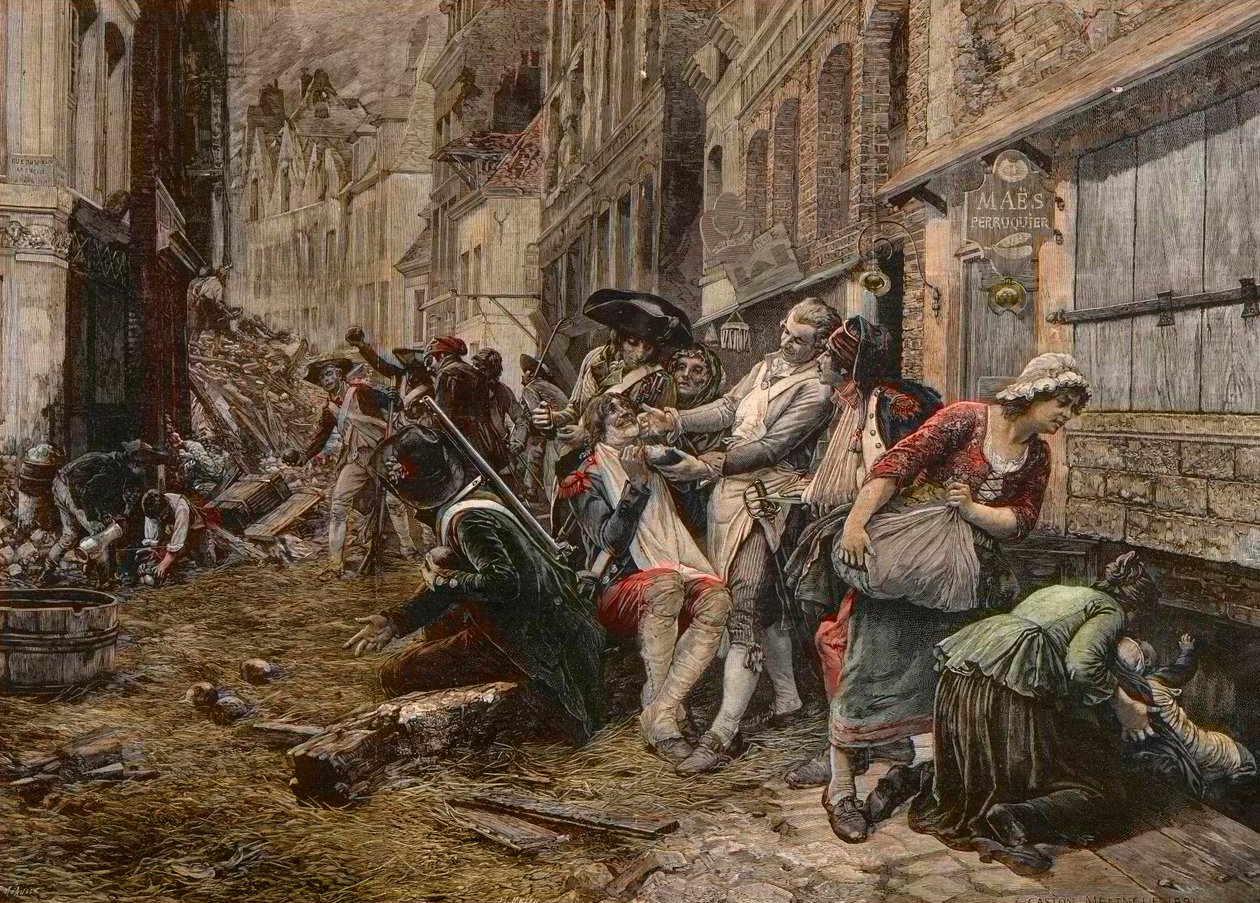 Epizoda obležení v Lille, říjen 1792 – Siege de Lille v roce 1792: paruka Maes používá bombu jako misku na vousy k oholení klienta – rytina Meaulla podle obrazu Gastona Melinguea od Fortune Louis Meaulle