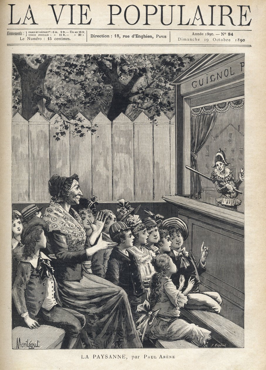 Žena uprostřed skupiny dětí tleská loutkovému představení (Guignol). Ilustrace Fortune Meaulle od Monteguta pro „Rolníka“ od Paula Arena (1843-1896). Gravírování v „La vie populaire““ od Fortune Louis Meaulle
