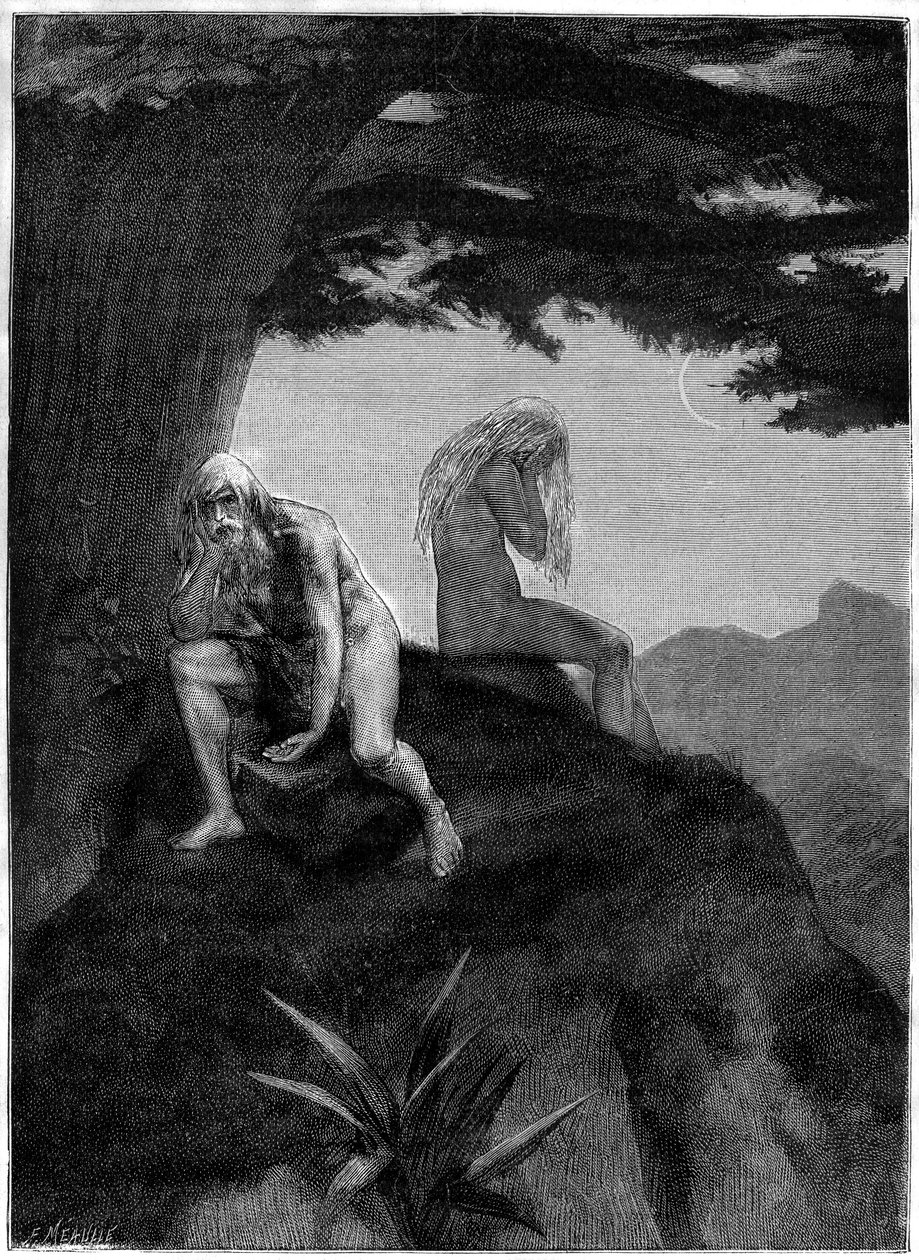 Adam a Eva. Kresba hrobů od Meaulla, ilustrující báseň Victora Huga "Les misheureux", ve sbírce "Les contemplations", edice Paul Ollendorff, počátek 20. století. od Fortune Louis Meaulle