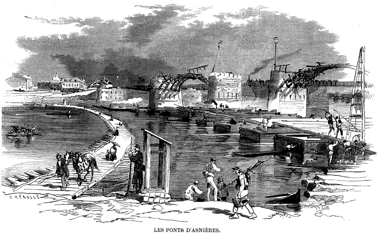 Po požáru mostu v Asnieres během obléhání Paříže v roce 1870 byl instalován lodní most - na této Meaullově rytině (kolem roku 1870) je vedle mostu detruit další dřevěná konstrukce - Commune de Paris -. od Fortune Louis Meaulle