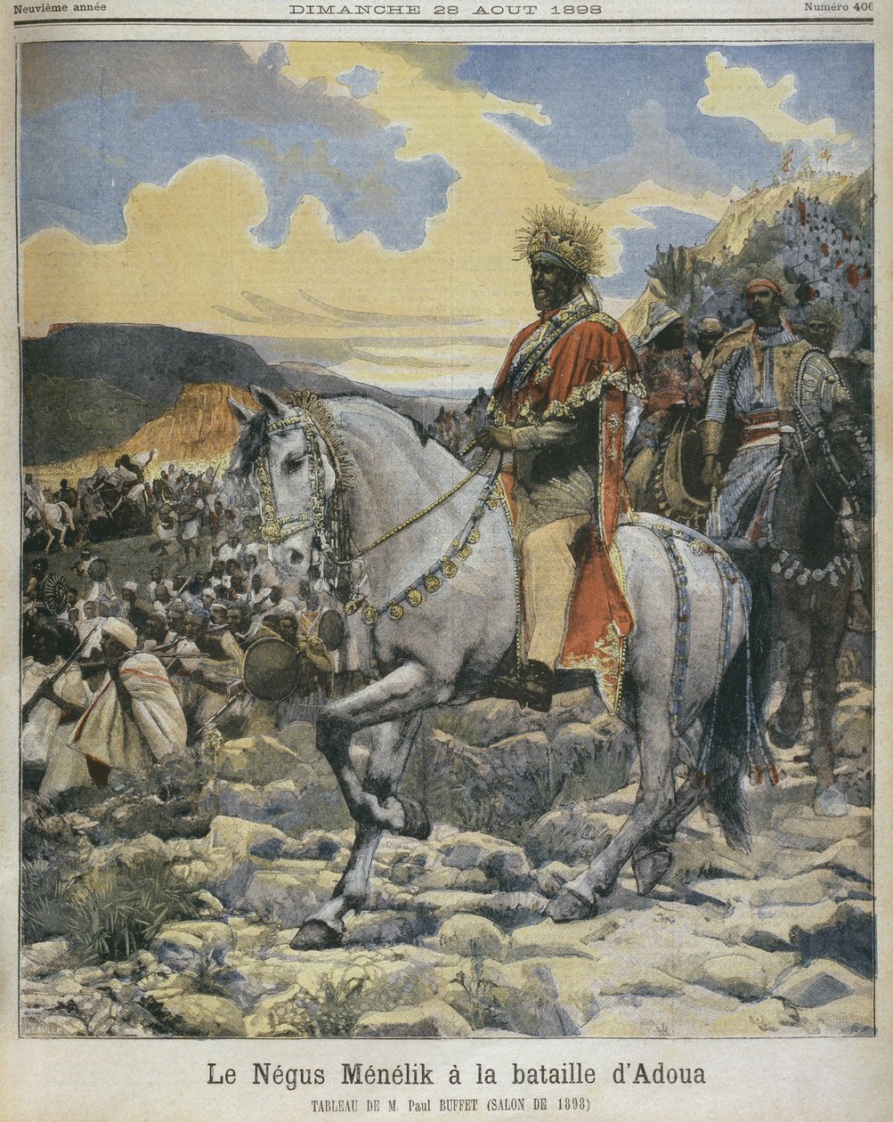 Černý z Etiopie, Menelik II (1844-1913) v bitvě u Adowy, ilustrace z „Le Petit Journal“, 28. srpna 1898 (viz také 287689) od Fortune Louis Meaulle
