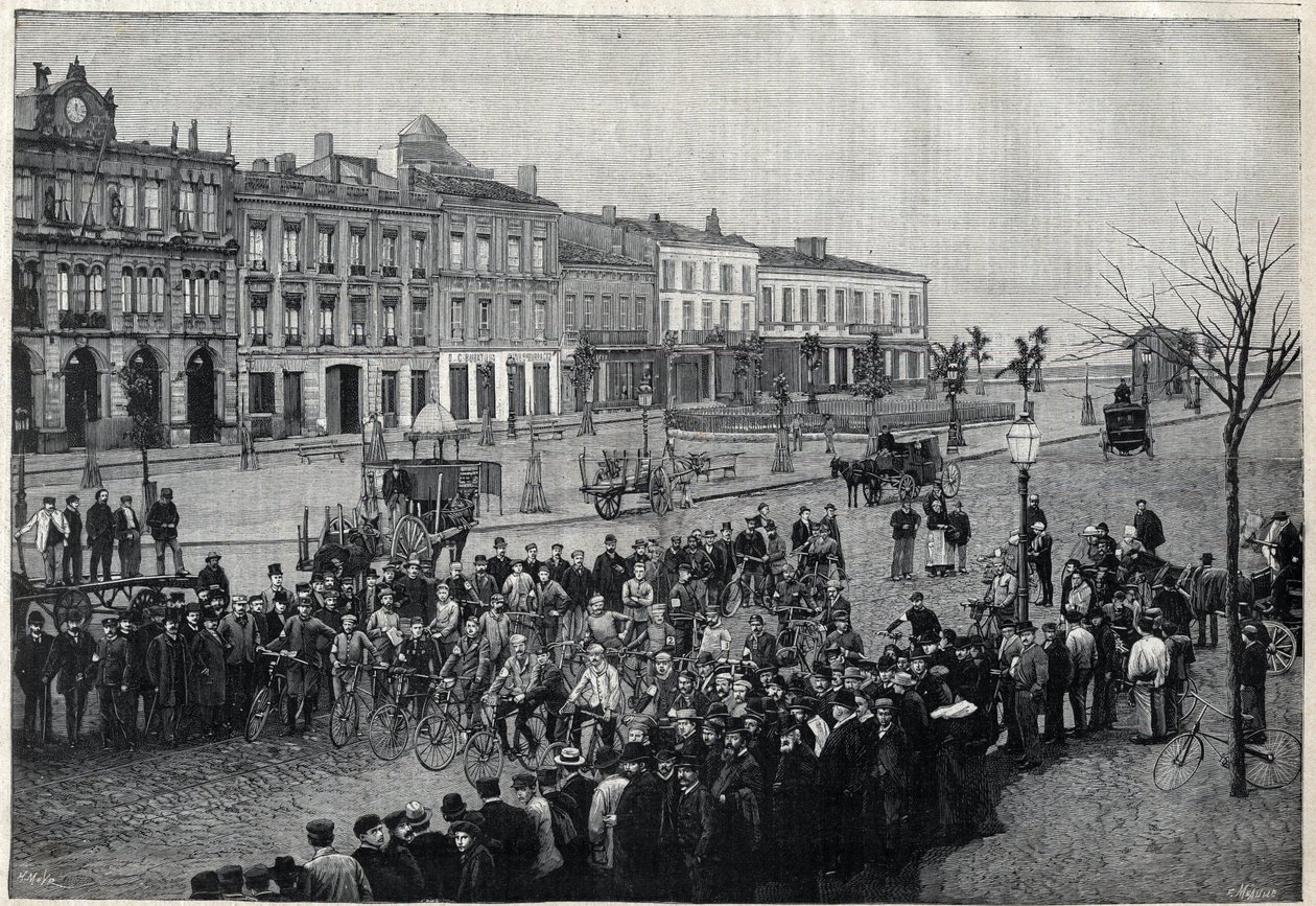 Odjezd z cyklistického závodu Bordeaux-Paris (Bordeaux Paris) v roce 1891 - rytina Meaulla z roku 1891 od Fortune Louis Meaulle