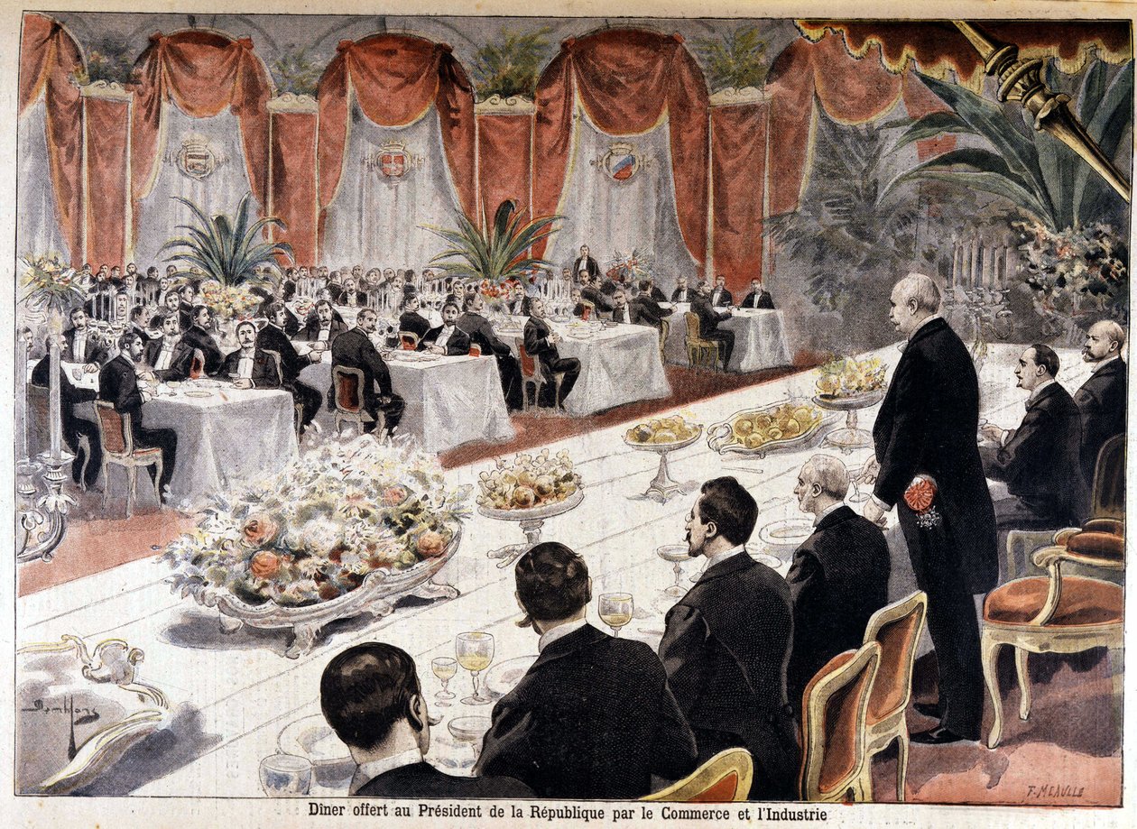 Večeře nabízená prezidentovi republiky Felixovi Faureovi obchodem a průmyslem, „“Le petit journal““ 24. října od Fortune Louis Meaulle