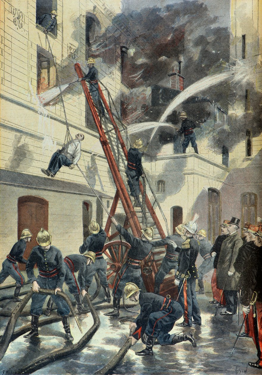 Felix Faure na školení pařížských hasičů v roce 1898 (Rytina) od Fortune Louis Meaulle