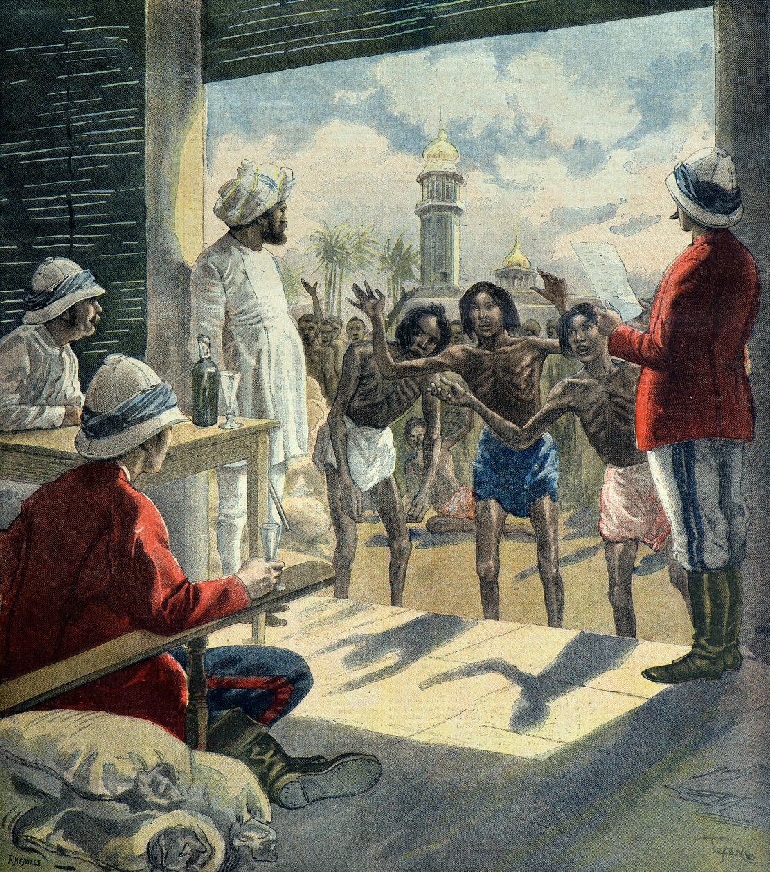 Hindové přicházejí k Angličanům pro pomoc během velkého hladomoru v letech 1896-1897 (rytina) od Fortune Louis Meaulle
