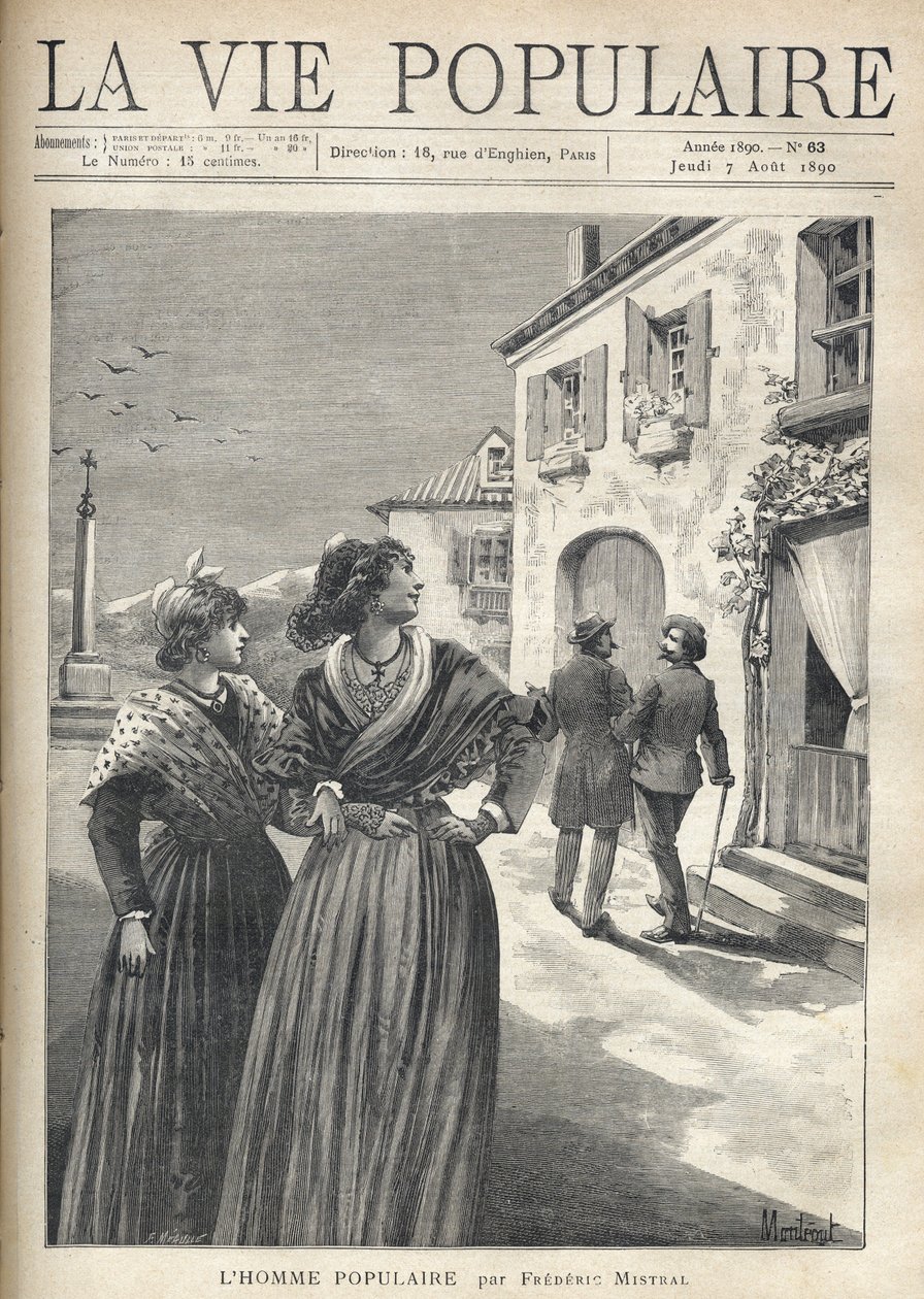 V ulicích vesnice v Provence se dvě hezké ženy v provensálských šatech otočí zpět na ulici, aby se postavily muži, který se sebevědomě otočí k jejich očím. Ilustrace Montegut pro The Popular Man od Frederica Mistrala (1830-1914). Gravírování Fo od Fortune Louis Meaulle