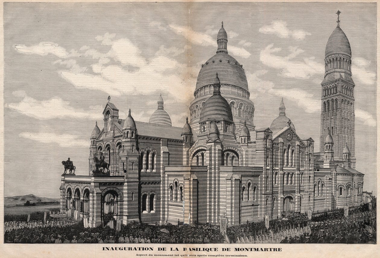 Inaugurace baziliky Sacre-Coeur na Montmartru v roce 1891 (vzhled památníku tak, jak bude po úplném dokončení) - rytina Meaulle v roce 1891 od Fortune Louis Meaulle