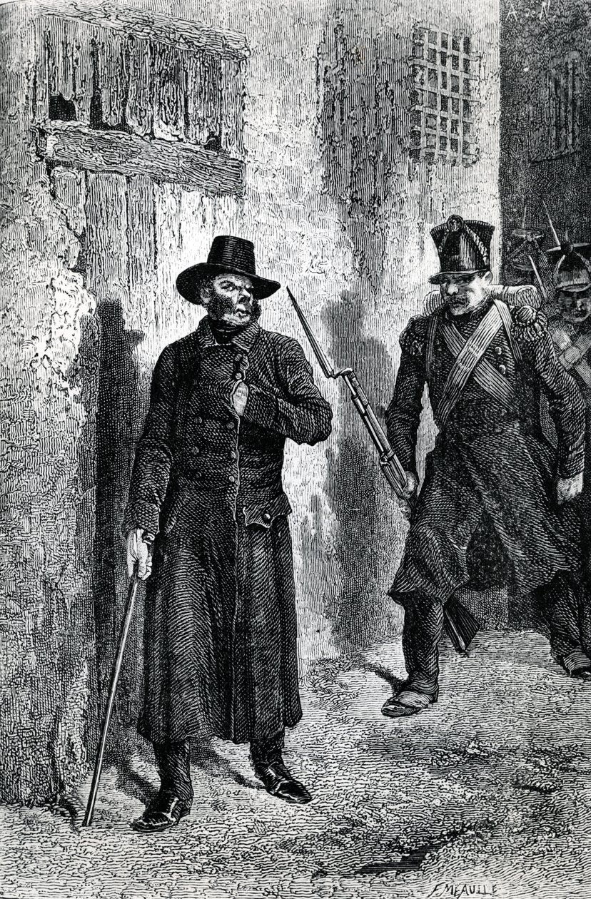 Javert pronásleduje Valjeana, ilustrace z „Les Miserables“ od Victora Huga, vydal J. Hetzel, 1865 (dřevoryt) od Fortune Louis Meaulle