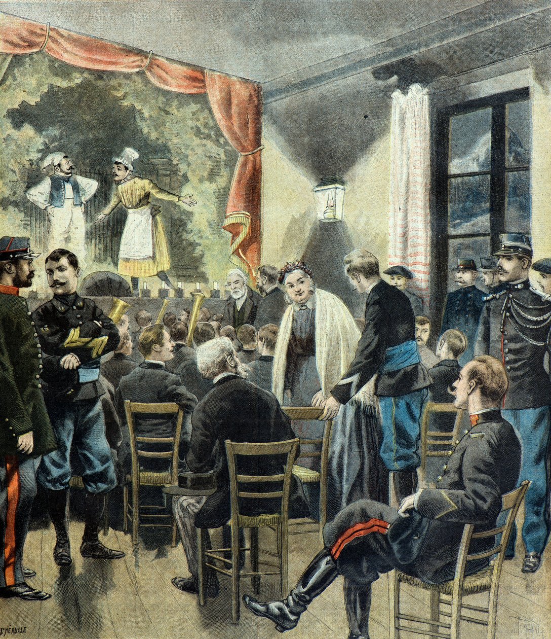 Le theatre aux armeses , představení alpských lovců od Fortune Louis Meaulle
