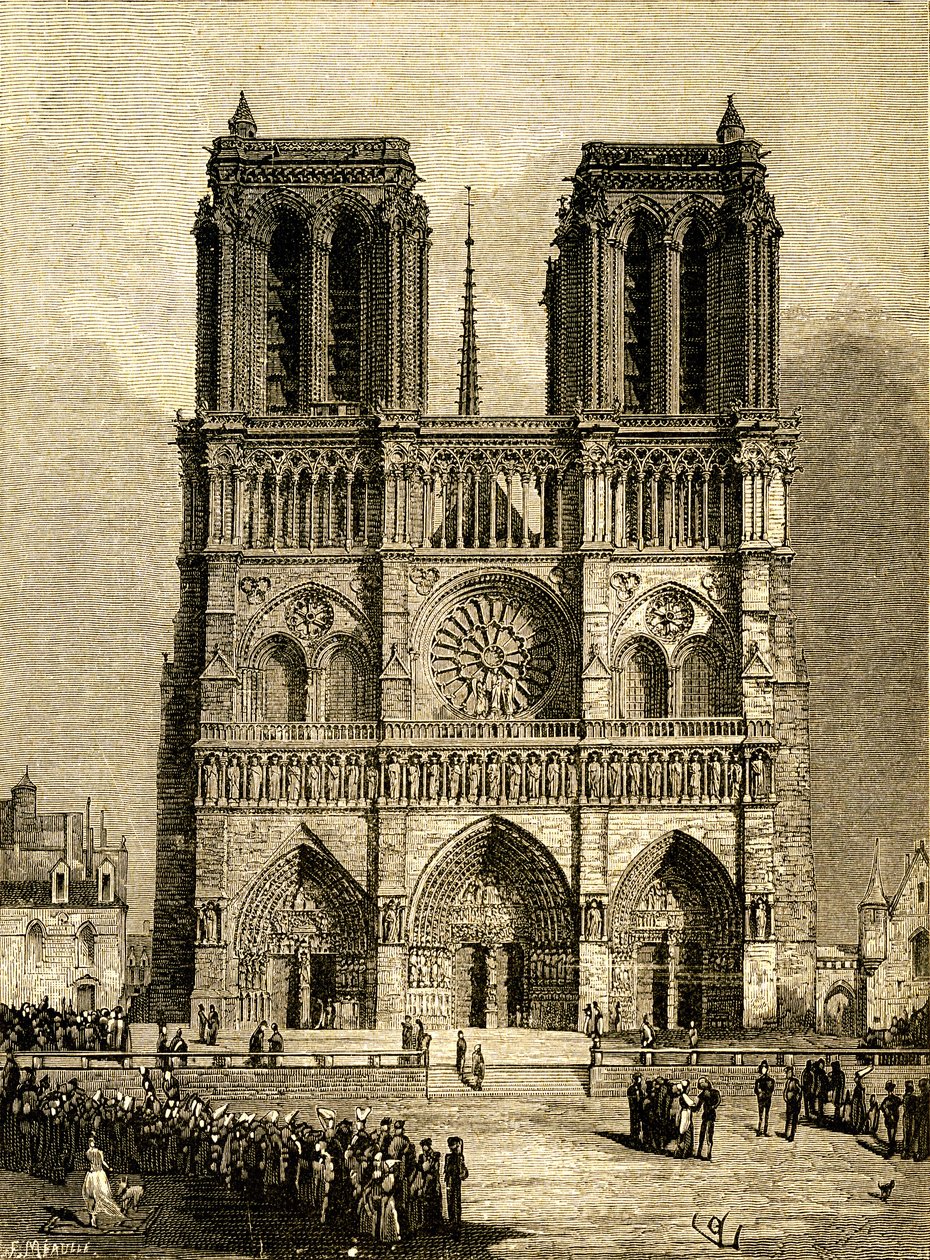 Notre Dame de Paris (Notre-Dame) v roce 1482: západní průčelí a parvíz. Rytina F. Meaulla podle kresby Viollet le Duc (Viollet-le-Duc) ilustrující stejnojmenný román Victora Huga, edice Ollendorff počátek 20. století. Vlevo dole, od Fortune Louis Meaulle