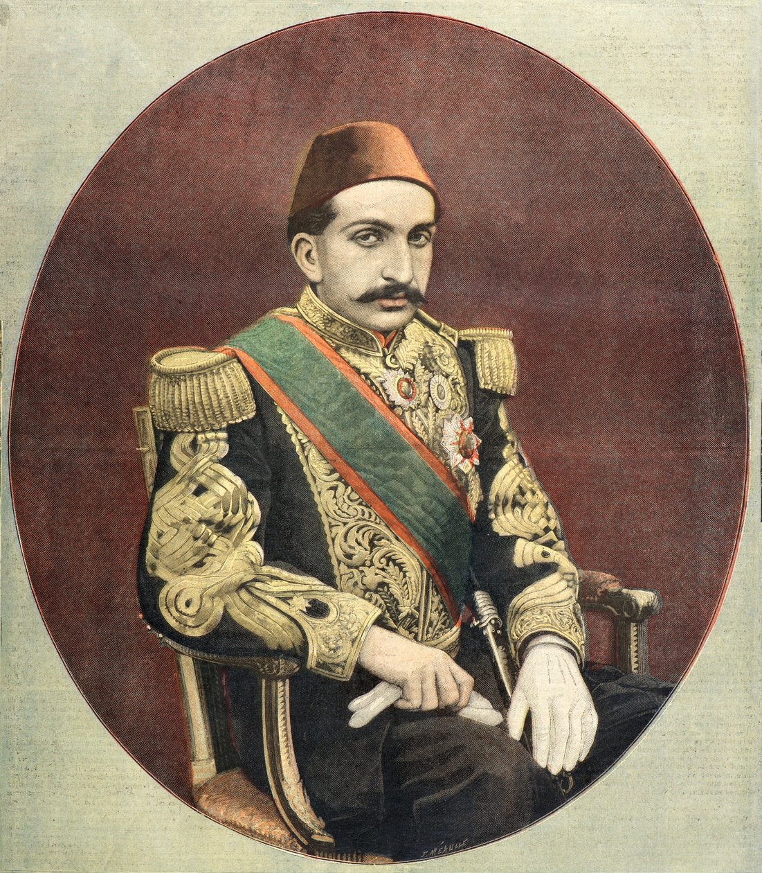 Portrét Abdula Hamida Chána, sultána Osmanské říše 1897 (rytina) od Fortune Louis Meaulle