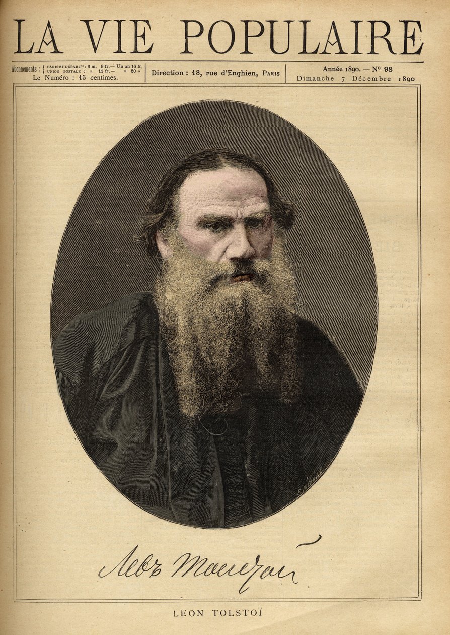 Portrét Leona Tolstého (1828-1910), ruského spisovatele. Ilustrace F. Meaulle. Rytina z roku 1890 v „La vie populaire““. Soukromá sbírka od Fortune Louis Meaulle