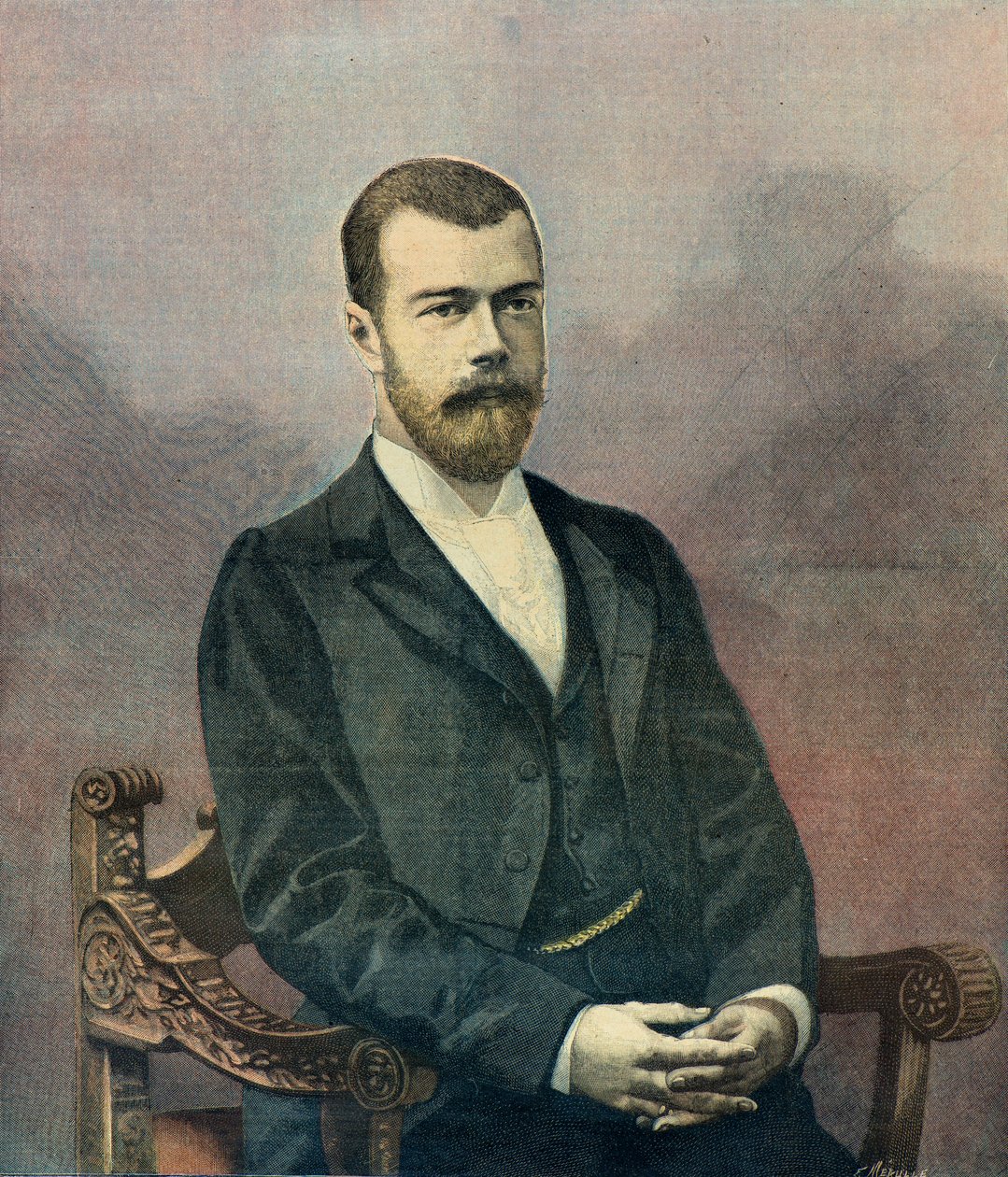 Portrét cara Mikuláše 2 v roce 1896 (rytina) od Fortune Louis Meaulle