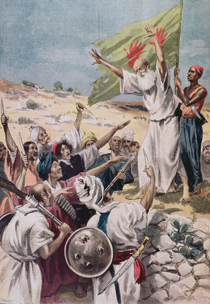 Kázání ‚svaté války‘ během povstání v britské Indii, ilustrace z ‚Le Petit Journal‘, 1897 od Fortune Louis Meaulle