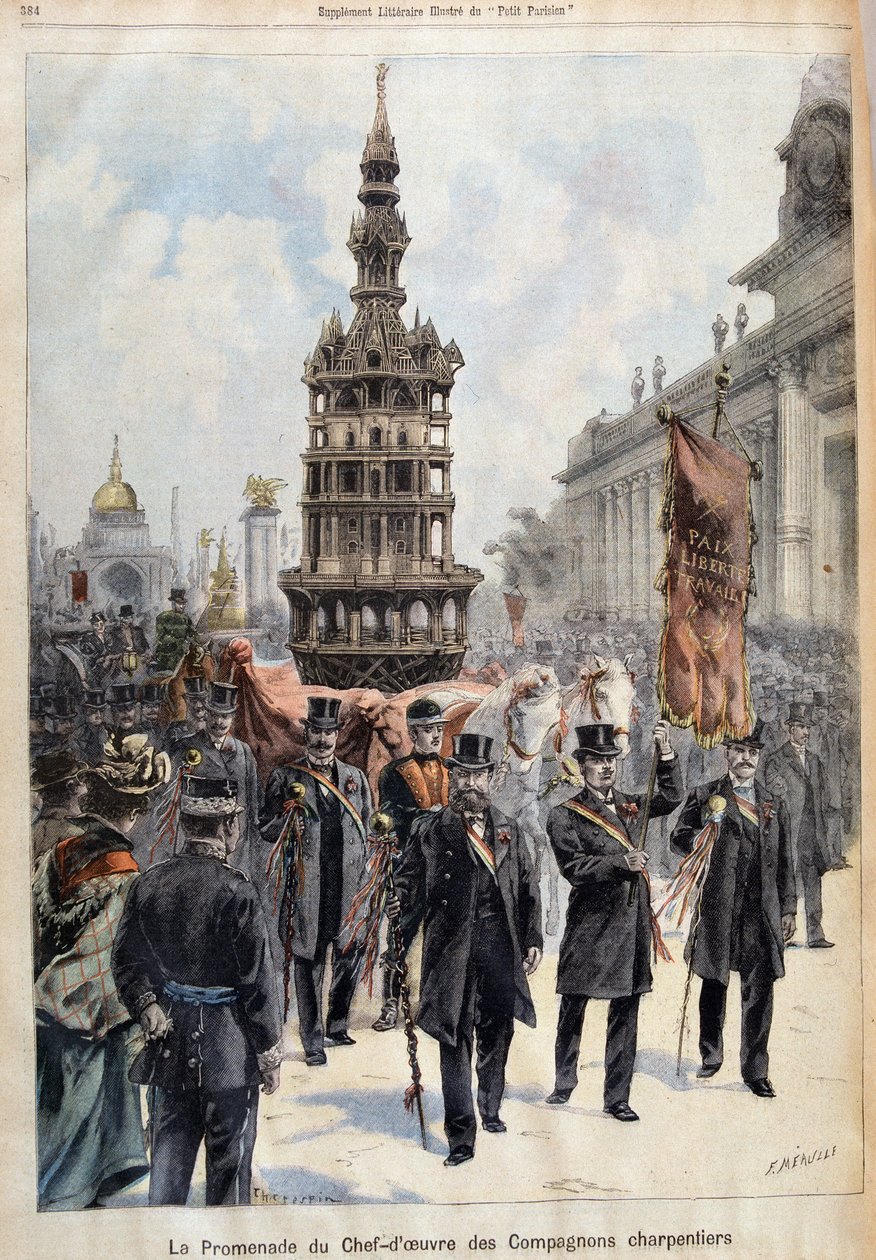 Promenáda mistrovského díla Companion Carpenters, vyryla Fortuné Louis Méaulle (1844–1916), konec 19. století (barevné lito) od Fortune Louis Meaulle