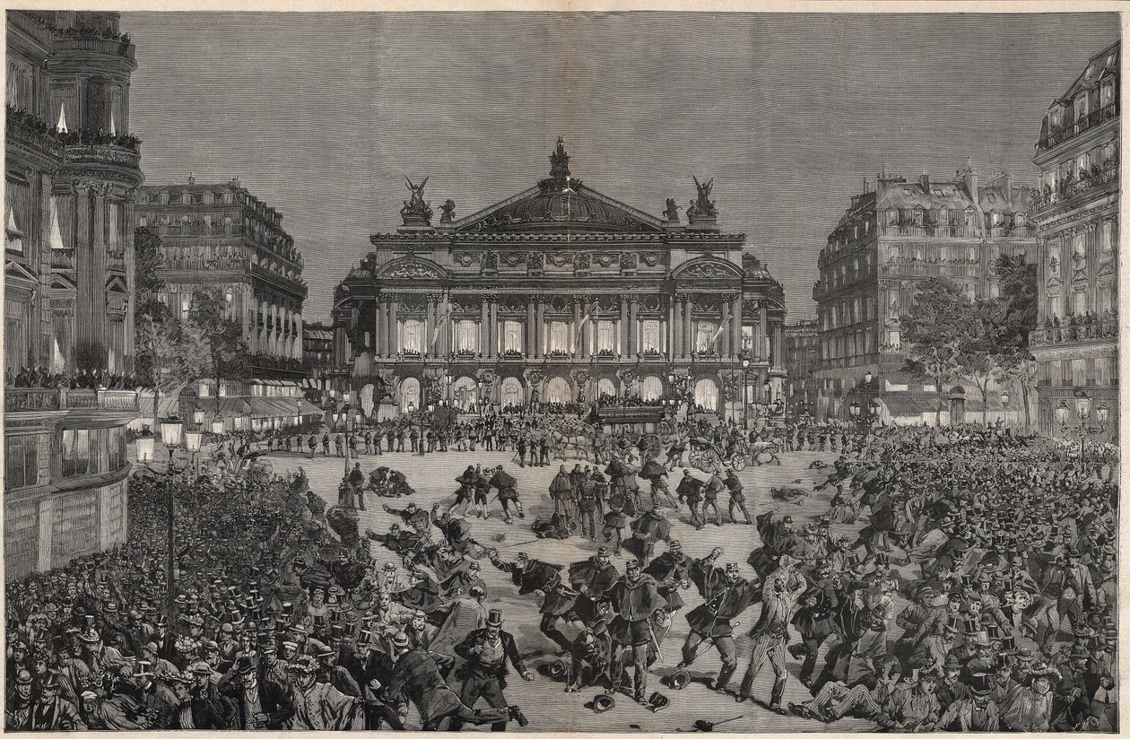 Nepokoje v Paříži protestující proti provedení hry Richarda Wagnera „Lohengrin““ v Palais Garnier 1891 – Demonstration patriotique, Place de l