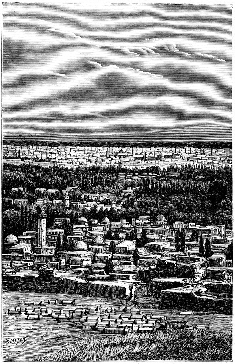 Sýrie: Damašek kolem roku 1900 - muslimský hřbitov - rytina od Meyera a Meaulla z knihy "A l