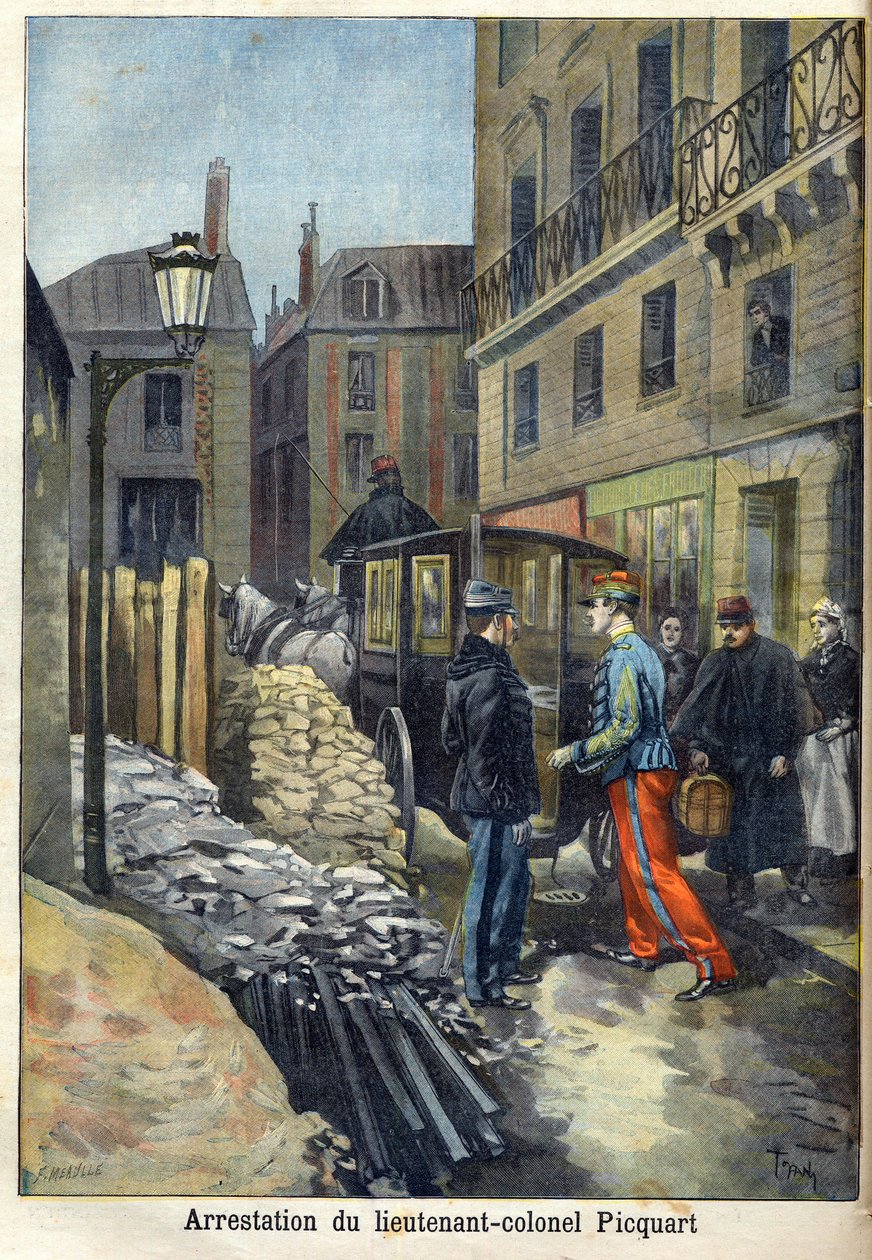 Dreyfusova záležitost „Zatčení podplukovníka Picquarta (1854-1914) v „Le Petit Journal“, leden 1898 (rytina) od Fortune Louis Meaulle