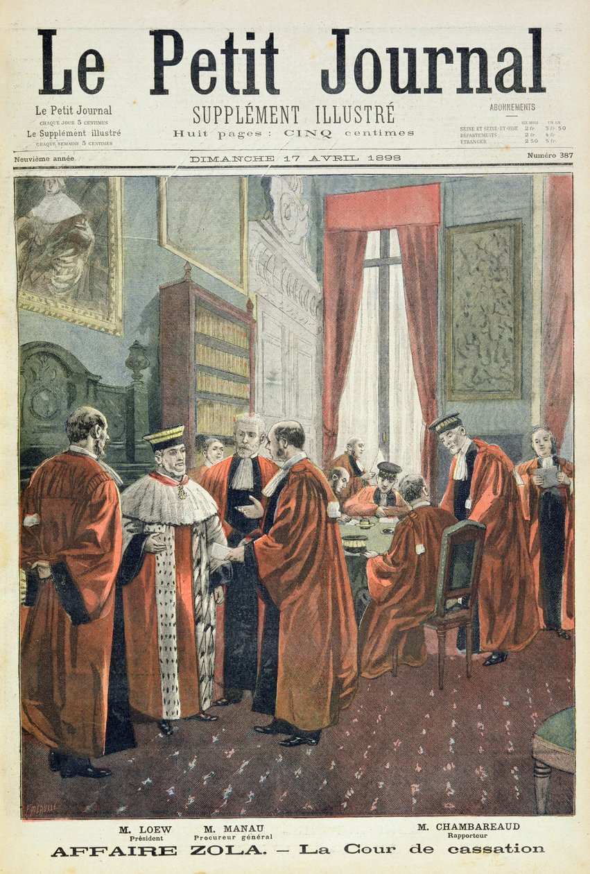 Titulní strana zobrazující kasační soud s panem Loewem, panem Chambareaudem a panem Manauem, ilustrace z ilustrované přílohy Le Petit Journal od Fortune Louis Meaulle