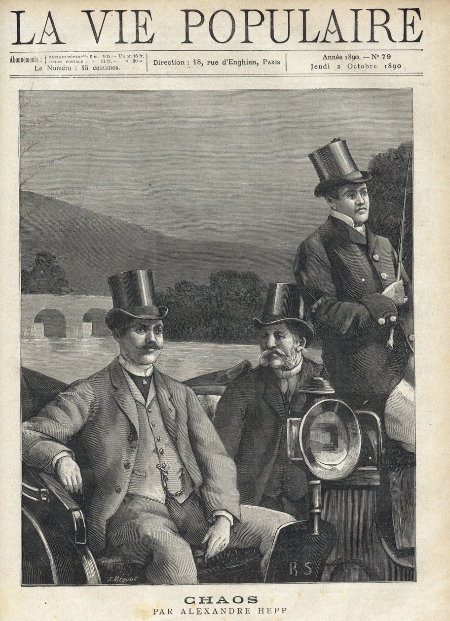 Dva muži v obleku a cylindru v koňském zápřahu, vedeni kočím. Míří podél řeky. Ilustrace pro Chaos od Alexandra Heppa (1857-1924). Rytina od Fortune Meaulle (1844-1901) od Fortune Louis Meaulle