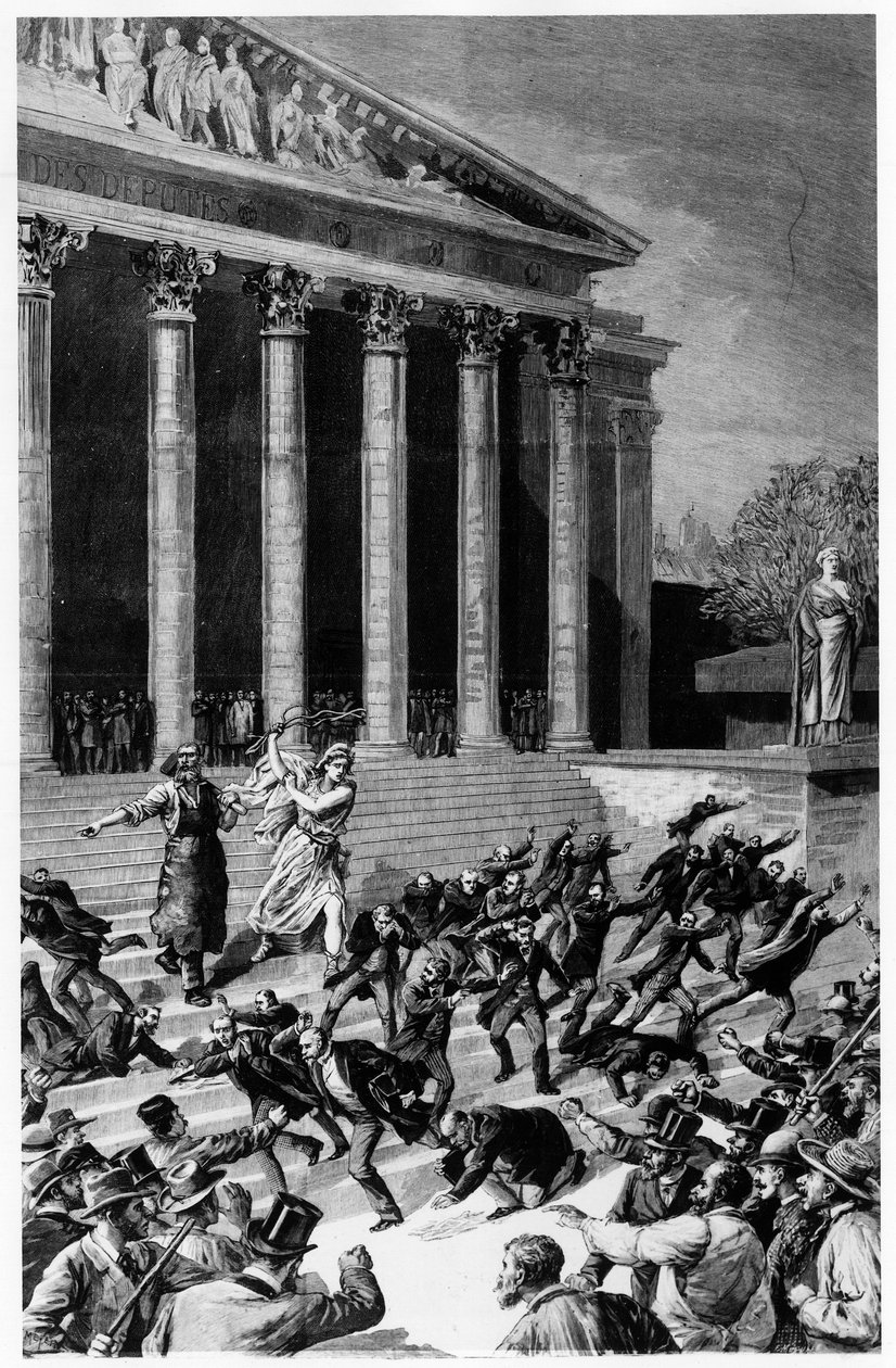 Všeobecné volební právo a republika vyhánějící obchodníky z chrámu – v „“Le Journal illustré””” z 25. 12. 1892, kompozice Henri Meyer, rytina Meaulle. od Fortune Louis Meaulle