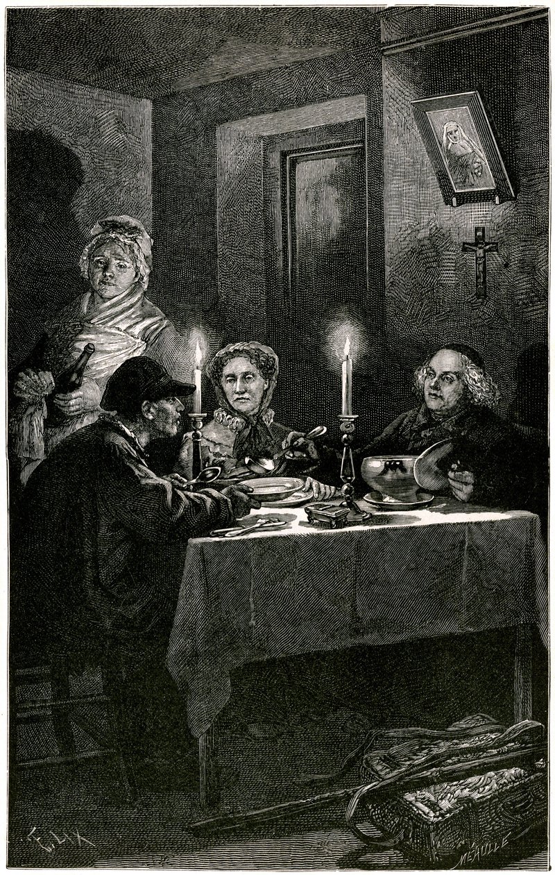 Victor Hugo "Les Miserables" Ilustrace Lixe vyrytá Meaullem: Forcat a Eveque. Jean Valjean, jemuž eveque Myriel nabídne nemocnici, spáchá svůj poslední úlet: stříbrný příbor svého hostitele. Na stole dva stříbrné svícny. od Fortune Louis Meaulle