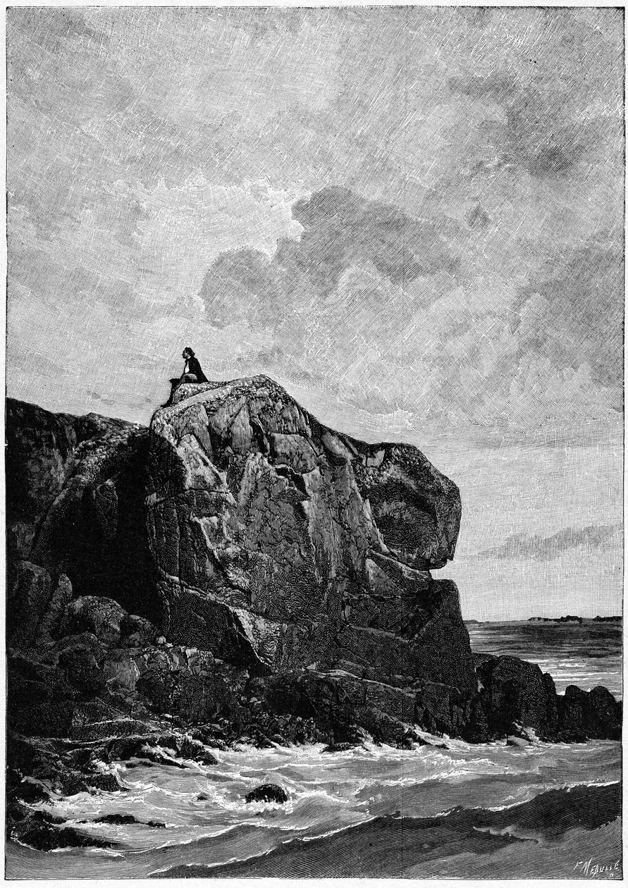 Victor Hugo ve vyhnanství na ostrově Jersey v roce 1855, na skále Proscriit. Rytina Louise Fortune Meaulla (1844-1901), o níž Hugo řekl: "I think, il grave". od Fortune Louis Meaulle
