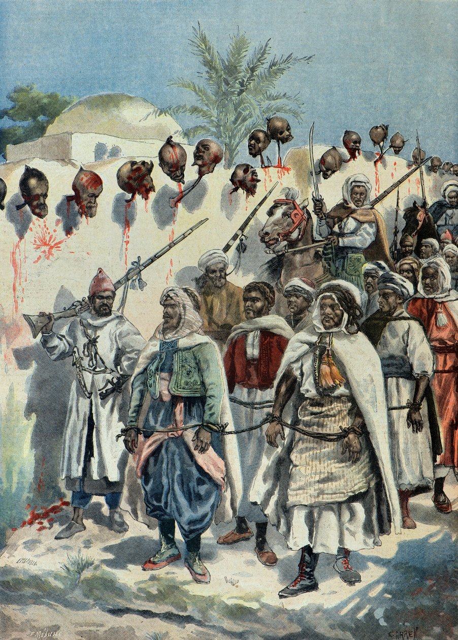 uvěznění maročtí povstalci procházejí kolem uříznutých hlav svých kamarádů v roce 1897 (rytina) od Fortune Louis Meaulle