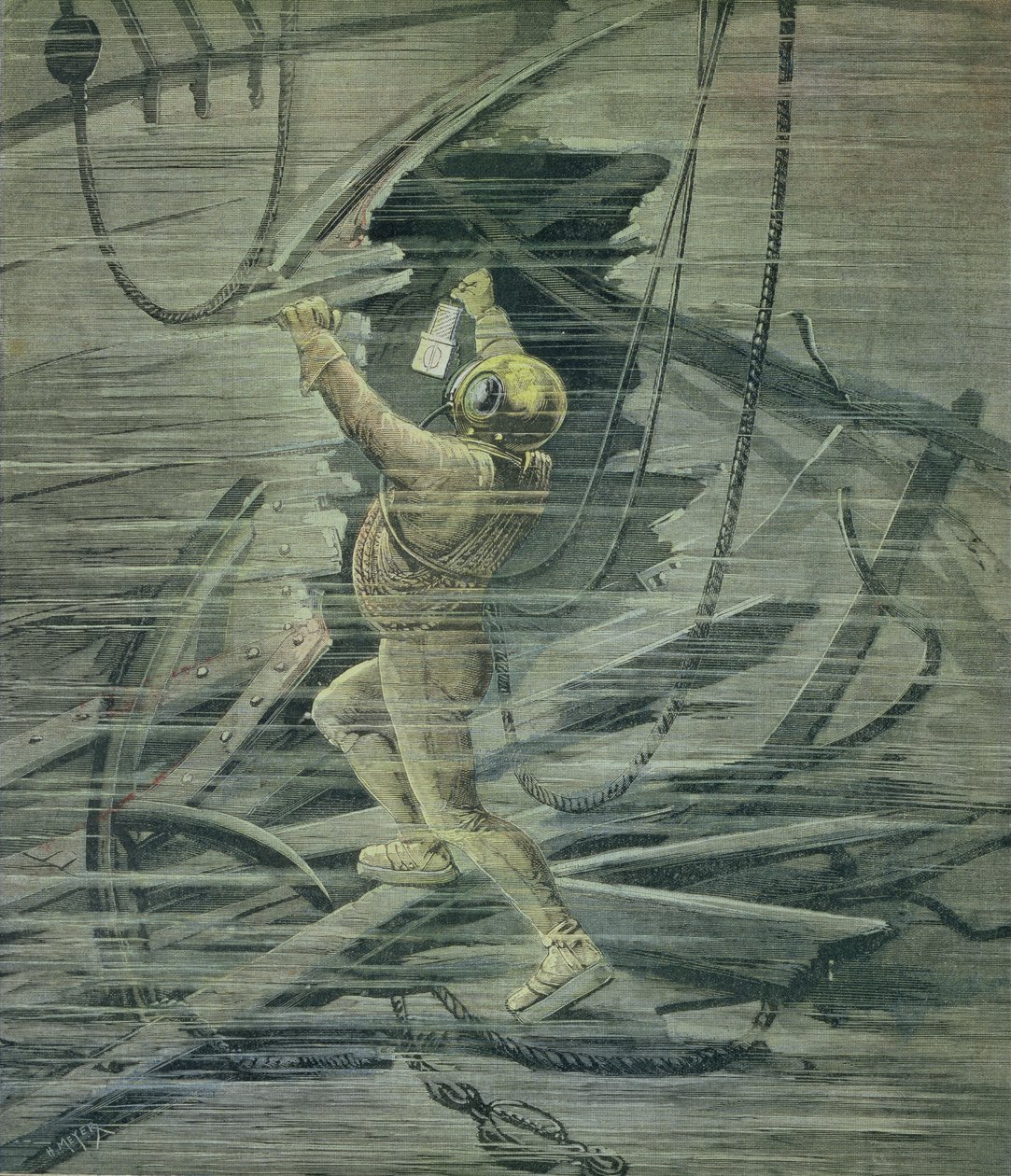 Hlubinný potápěč při pohledu na vraky v přístavu Le Havre, z „Le Petit Journal“, 13. února 1892 od Fortune Louis Meaulle and Henri Meyer