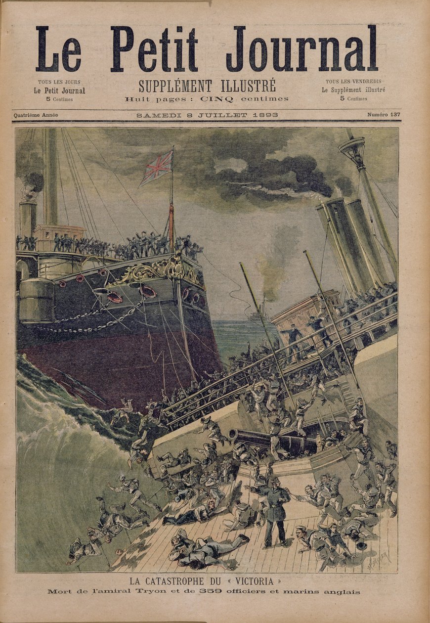 Nehoda na palubě ‚Victoria‘, smrt admirála Tyrona a 359 důstojníků a anglických námořníků, ilustrace z ‚Le Petit Journal‘, 8. července 1893 od Fortune Louis Meaulle and Henri Meyer