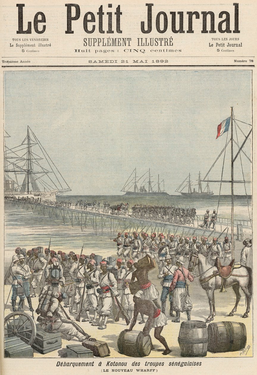 Vylodění senegalských jednotek v New Wharf v Cotonou, z „Le Petit Journal“, 21. května 1892 od Fortune Louis Meaulle and Henri Meyer