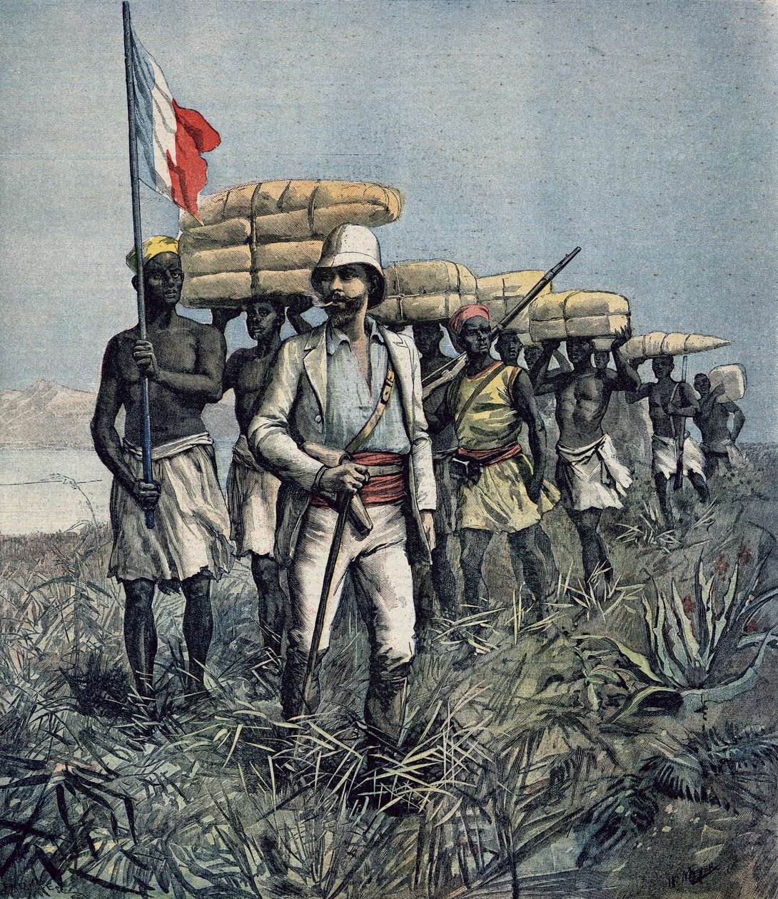 Poručík Mizon (1853-99) na své misi v roce 1892 při průzkumu oblasti River Benue v Nigérii, z „Le Petit Journal“, červenec 1892 od Fortune Louis Meaulle and Henri Meyer