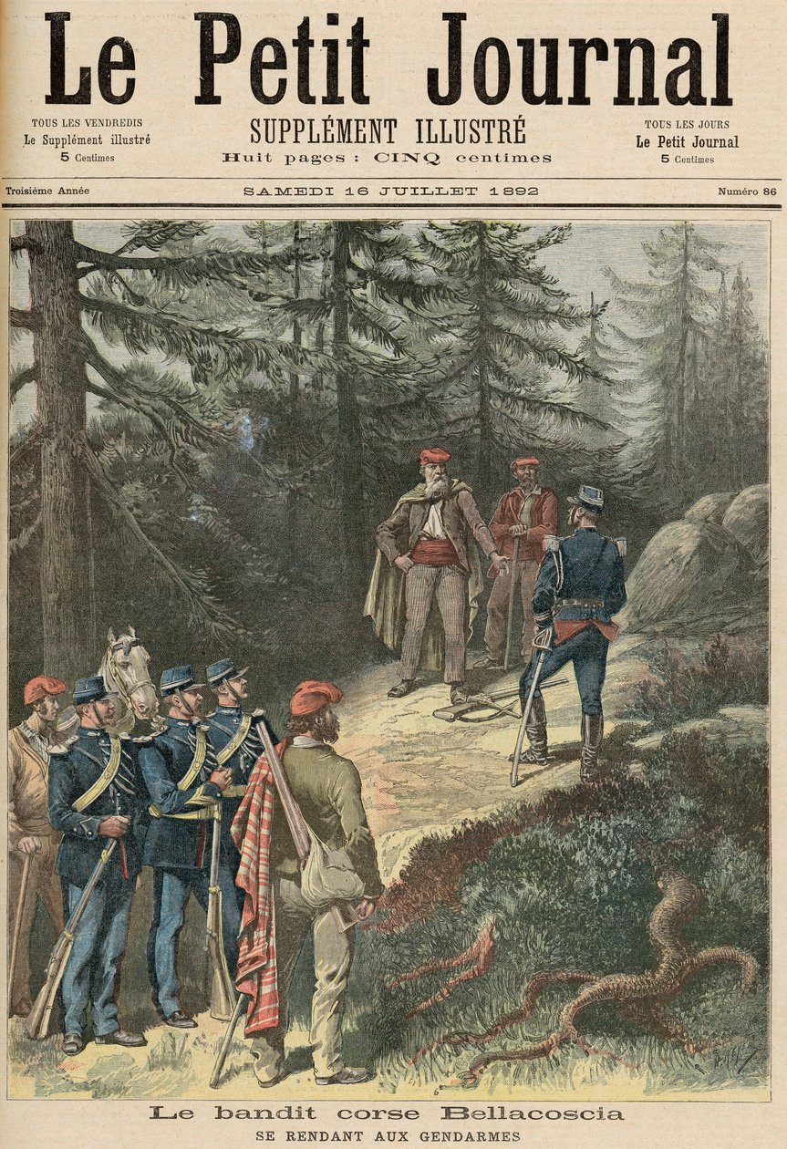 Korsický bandita Jacques Bellacoscia se vzdává policii, z "Le Petit Journal", 16. července 1892 (barevná litografie) od Fortune Louis Meaulle and Henri Meyer