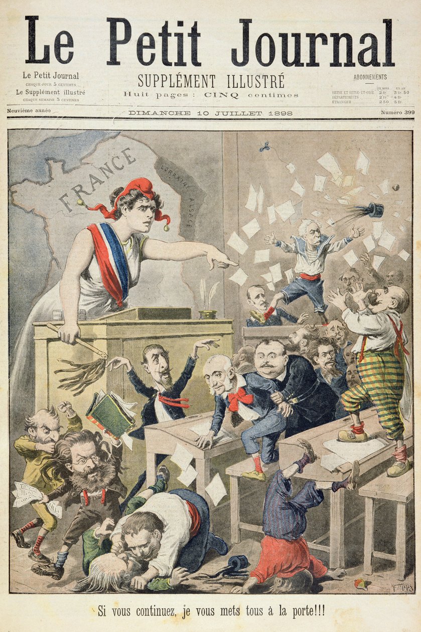 Titulní strana zobrazující poprask v Poslanecké sněmovně, ilustrace z ilustrované přílohy Le Petit Journal, 10. července 1898 od Fortune Louis Meaulle and Henri Meyer