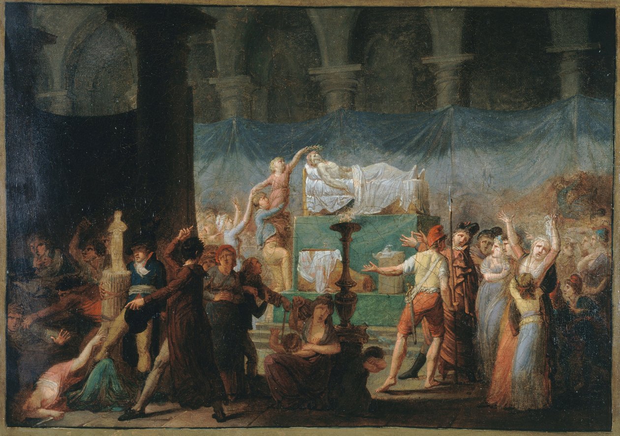 Maratův pohřeb v kostele Cordeliers, 15. a 16. července 1793, asi 1793 (olej na plátně) od Fougeat (attr. to)