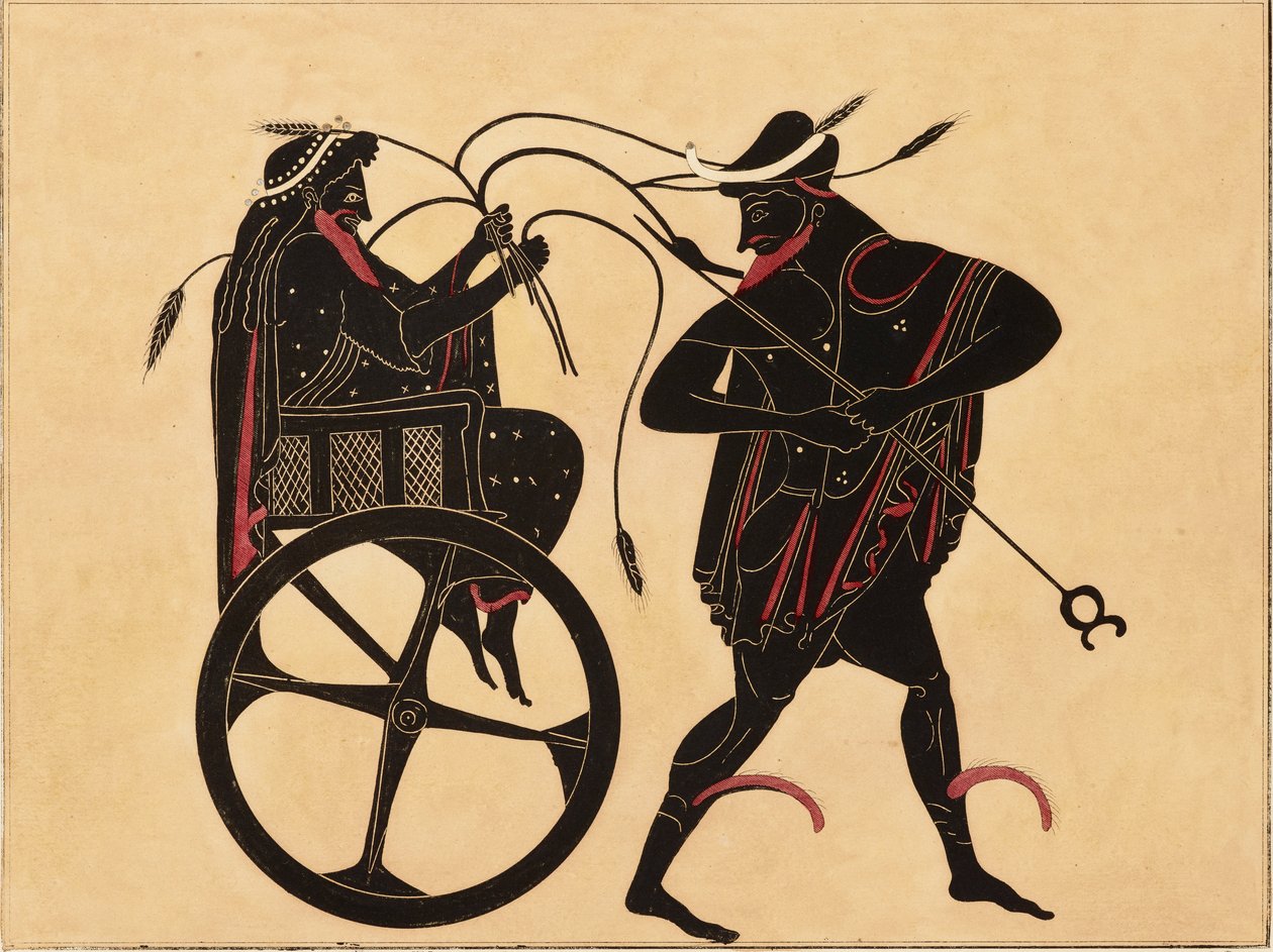 Tisk dekorace na řecké amfoře, zobrazující Triptolema a Herma, c1858. od Fourquemin