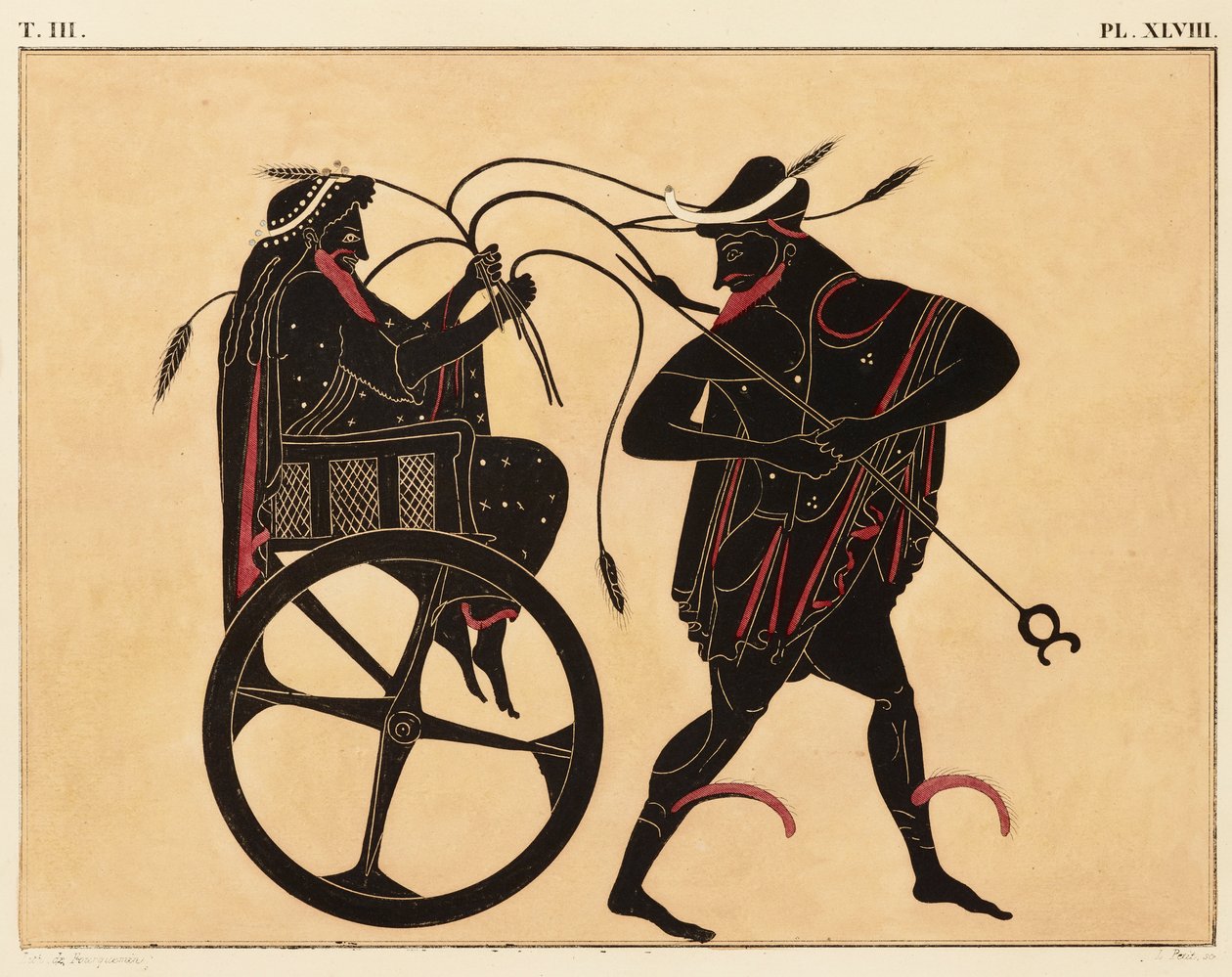 Tisk dekorace na řecké amfoře, zobrazující Triptolema a Herma, c. 1858 (akvarel a tělová barva přes lito na tkaném papíře) od Fourquemin Fourquemin