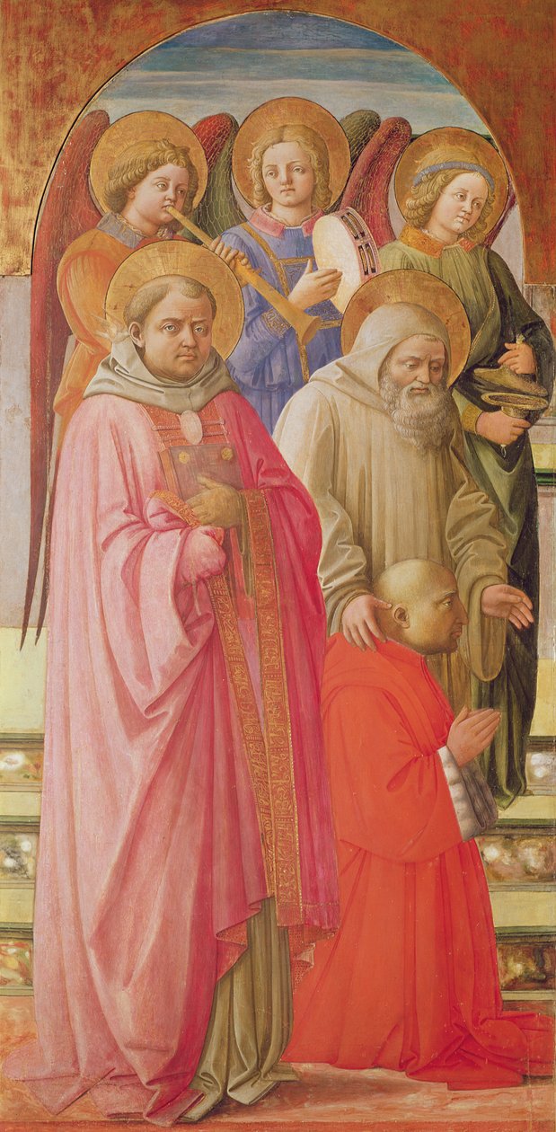 Triptych zobrazující Korunovaci Panny Marie (levý panel: svatí, andělští hudebníci a klečící kardinál) (tempera na panelu) od Fra Angelico