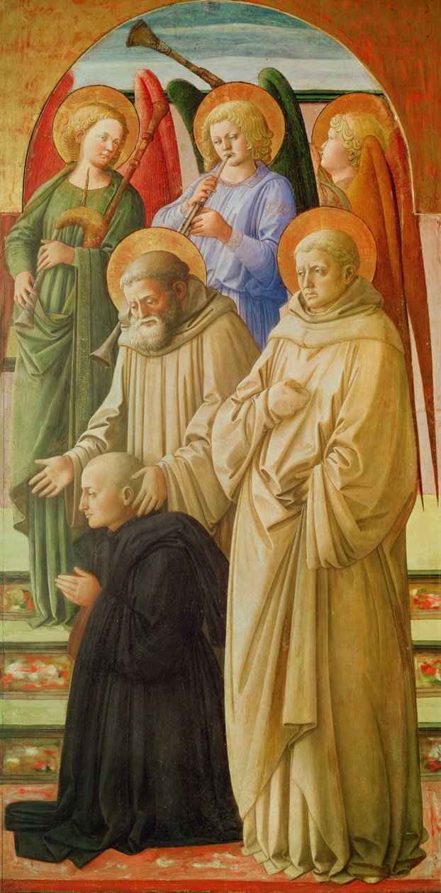 Triptych zobrazující Korunovaci Panny Marie (pravý panel: dominikánští světci, andělští hudebníci a benediktinský mnich) (tempera na panelu) od Fra Angelico