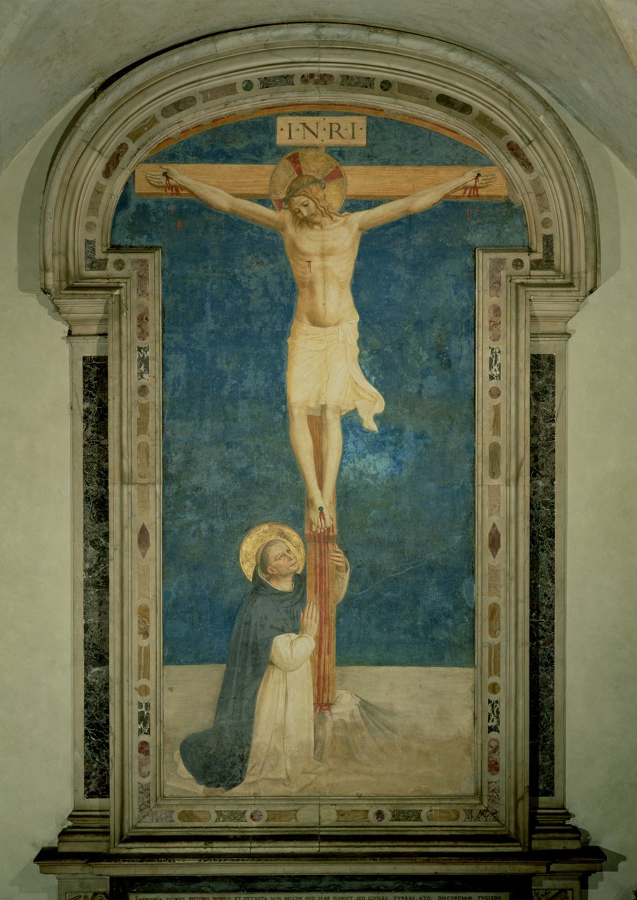 Kristus na kříži adorován svatým Dominikem od Fra Angelico